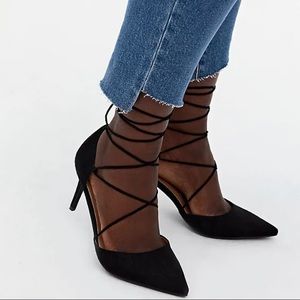 Black Faux Suede Ankle Wrap Pointed Toe Heel (WW)